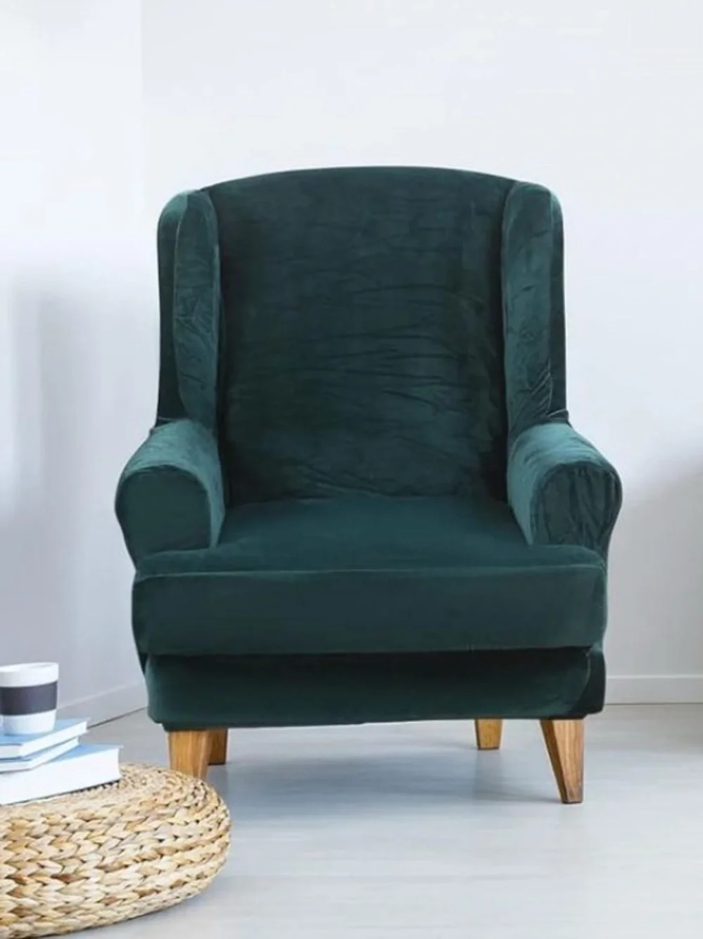 Pair deep teal wing chair velvet covers (2)